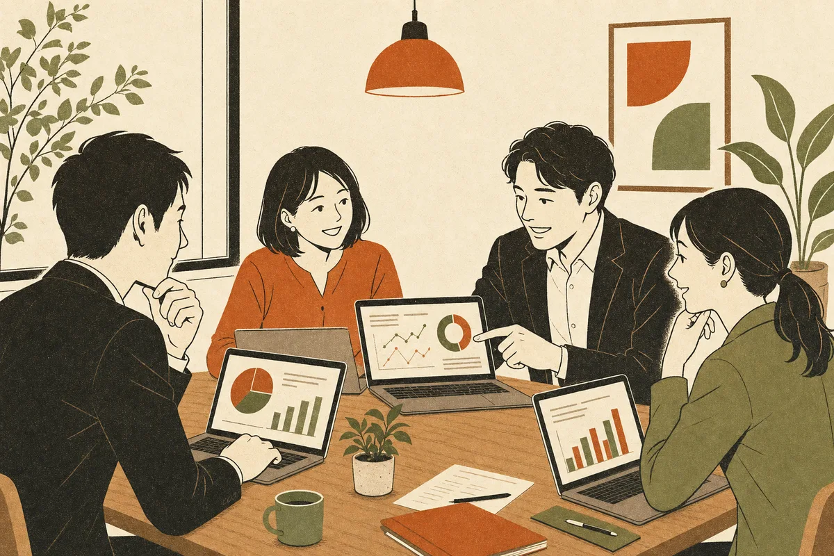 参加者同士がノートPCの画面を見せ合っている様子のイラスト