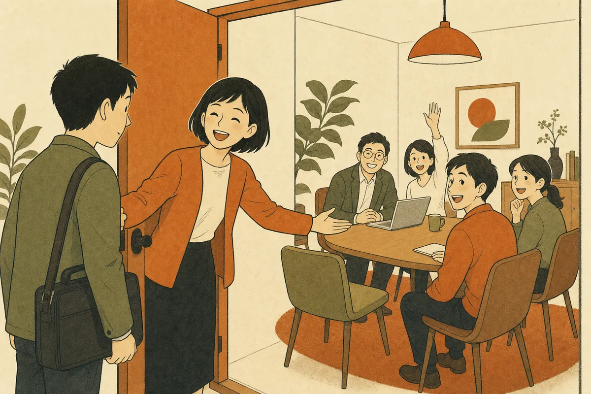 初めて参加する人が会場の入口で温かく出迎えられているイラスト